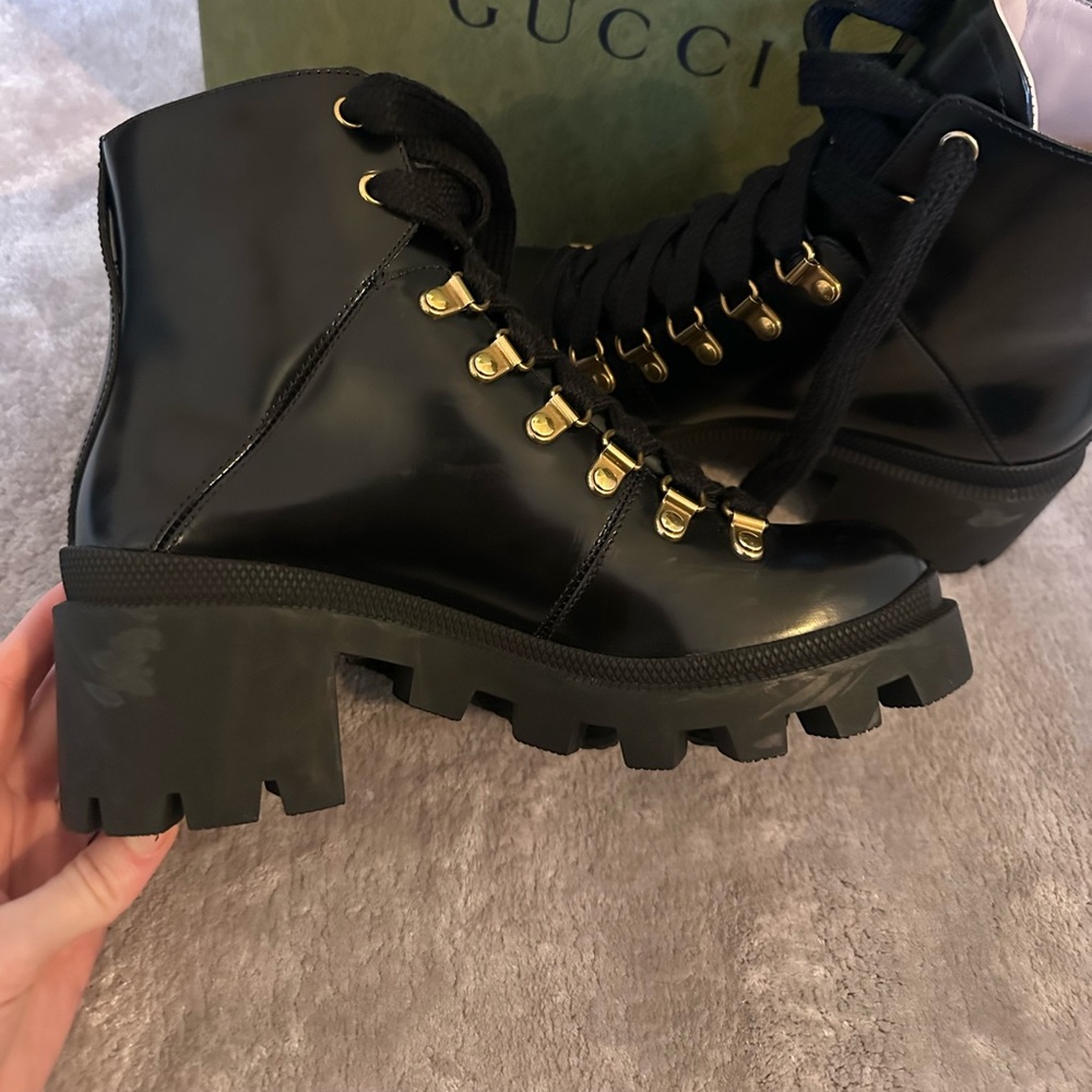 Gucci Sylvie Web 55mm Ankle Boot Black Leather, size 6.5